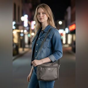 Travelon Taupe Gray Crossbody Travel Bag RFID